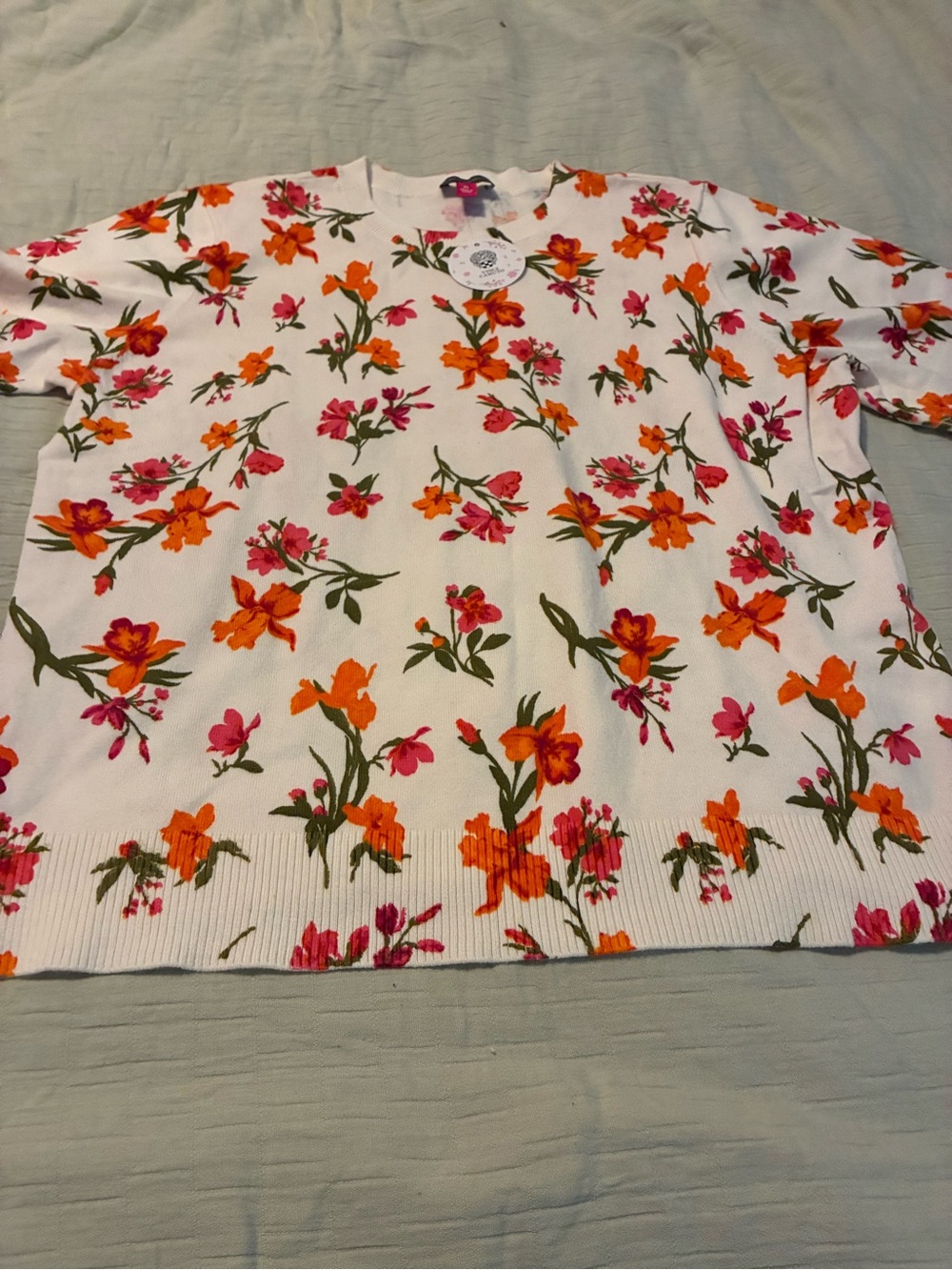 Women’s Floral Crewneck Sweater - White with Orange & Pink Floral Print